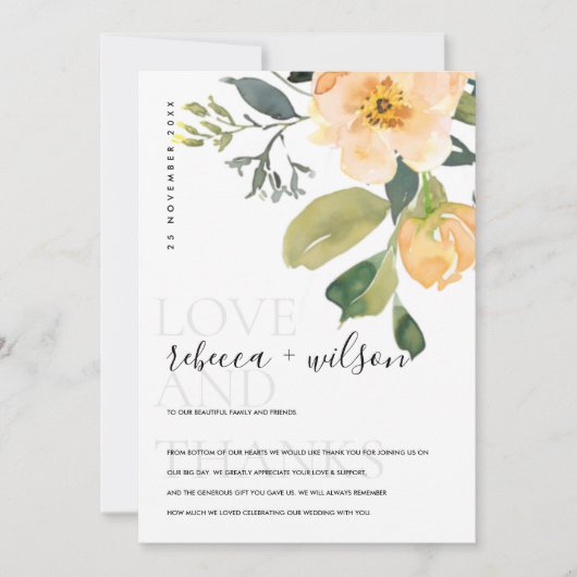 SOFT PASTEL PEACH PEONY WATERVERF FLORAL BEDANKKAART (Voorkant)