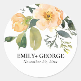SOFT PASTEL PEACH PEONY WATERVERF FLORAL WEDING RONDE STICKER
