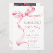 Soft Pastel Pink Bow 1st Birthday  Kaart (Voorkant / Achterkant)