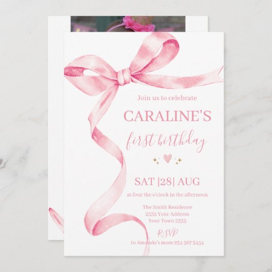 Soft Pastel Pink Bow 1st Birthday  Kaart (Voorkant / Achterkant)