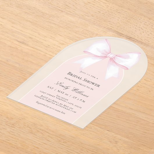 Soft Pastel Pink Ribbon Bow Vrijgezellenfeest Acryl Uitnodigingen (Laagn)