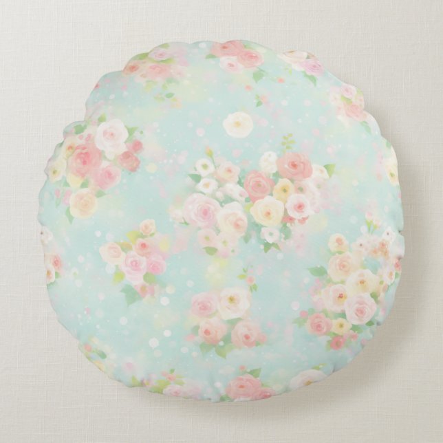 Soft Pastel Roos Pattern op Aqua achtergrond Rond Kussen (Voorkant)