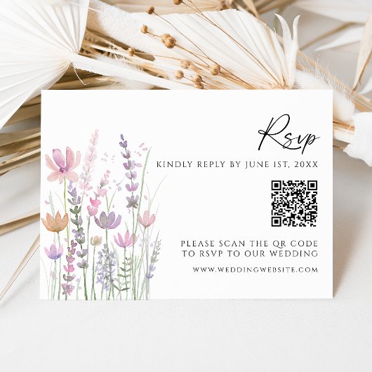 Soft Pastel Wildflower QR Code Wedding RSVP Card Kaartje