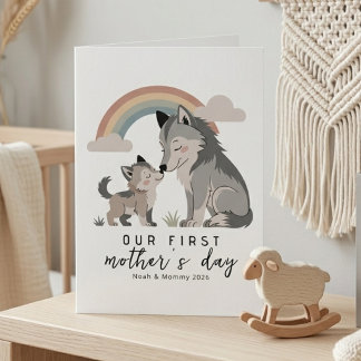 Soft Pastel Wolf Mom Pup First Mothers Day Rainbow Kaart