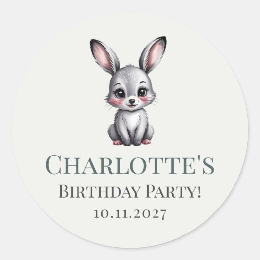 Soft Pastel Woodland Bunny met naam Meisje Verjaar Ronde Sticker (Voorkant)