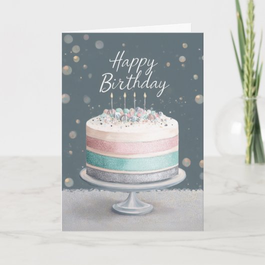 Soft Pastels Pink, Teal & Silver Birthday Cake Kaart (Voorkant)