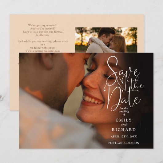 Soft Peach 2 Foto Elegant Script Wedding QR Code Save The Date (Voorkant / Achterkant)