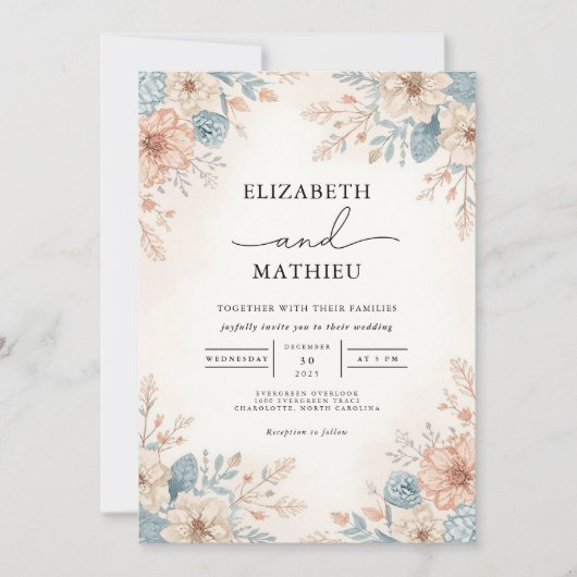 Soft Peach Blauw Bloemen Border Wedding Kaart (Voorkant)