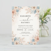 Soft Peach Blauw Bloemen Border Wedding Kaart (Staand voorkant)