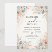 Soft Peach Blauw Bloemen Border Wedding Kaart (Voorkant / Achterkant)