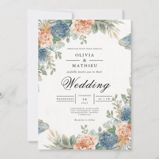 Soft Peach Blue Floral Arch Wedding Kaart (Voorkant)