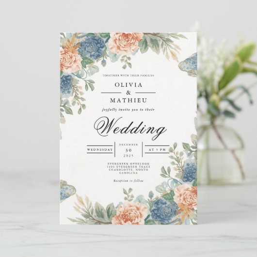 Soft Peach Blue Floral Arch Wedding Kaart (Staand voorkant)