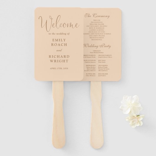 Soft Peach Elegant Script Wedding Program Handwaaier (Voorkant en achterkant)