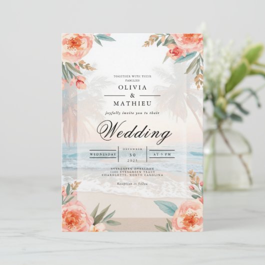 Soft Peach Floral Beach bruiloft Kaart (Staand voorkant)