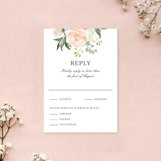 Soft Peach Floral Watercolor Wedding Reply RSVP Kaartje