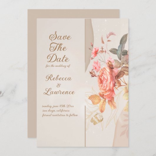 Soft Peach Flowers Elegant Wedding Invitation Kaart (Voorkant / Achterkant)