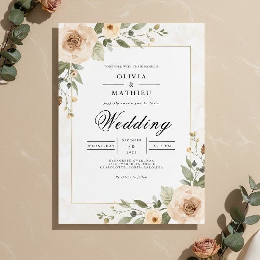 Soft Peach Foliage Accent Wedding Kaart