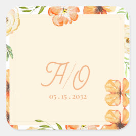 Soft Peach Garden Floral Monogram Wedding Vierkante Sticker