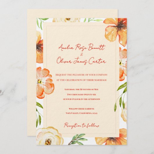 Soft Peach Garden Meadow Floral Wedding Invitation Kaart (Voorkant / Achterkant)