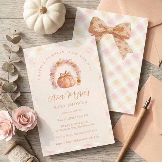 Soft Peach Gingham Pumpkin Baby Shower TMF26 Kaart