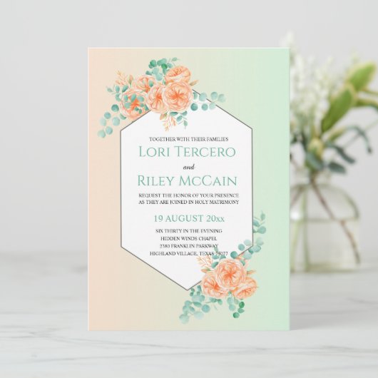Soft Peach Green Waterverf Eucalyptus Wedding Kaart (Staand voorkant)