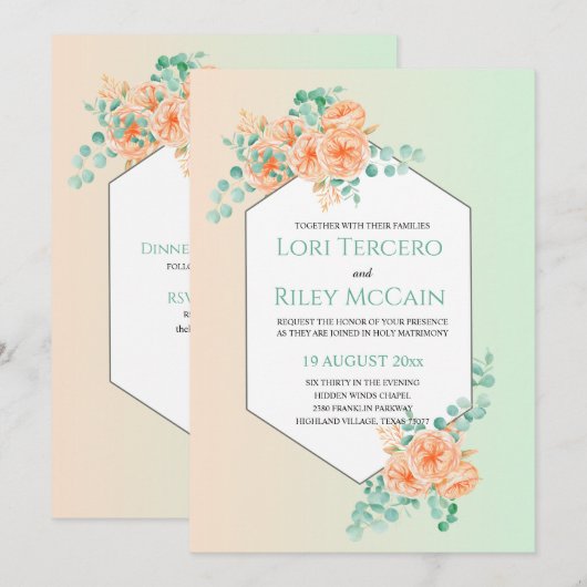 Soft Peach Green Waterverf Eucalyptus Wedding Kaart (Voorkant / Achterkant)