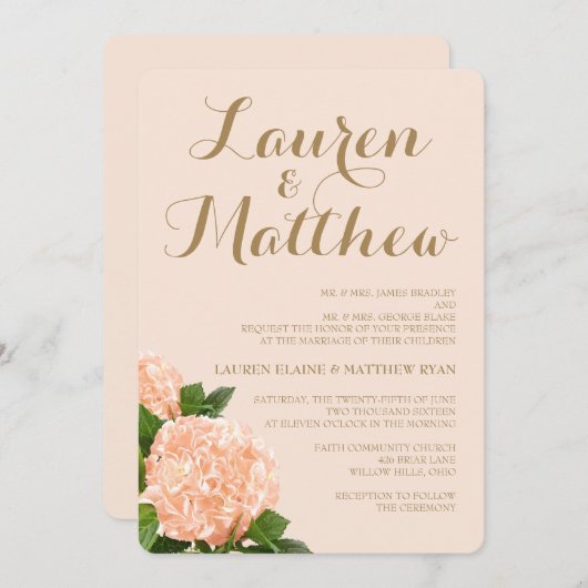 Soft Peach Hydrangea Wedding Invitation Kaart (Voorkant / Achterkant)