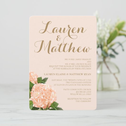 Soft Peach Hydrangea Wedding Invitation Kaart (Staand voorkant)