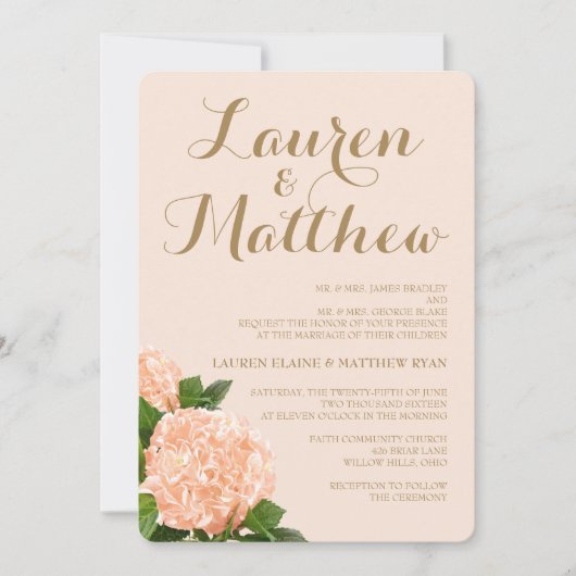 Soft Peach Hydrangea Wedding Invitation Kaart (Voorkant)