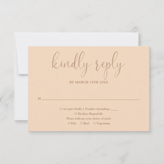 Soft Peach Modern Chic Elegant Script Wedding RSVP Kaartje (Voorkant)
