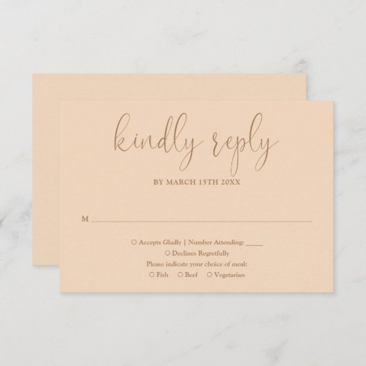 Soft Peach Modern Chic Elegant Script Wedding RSVP Kaartje (Voorkant / Achterkant)