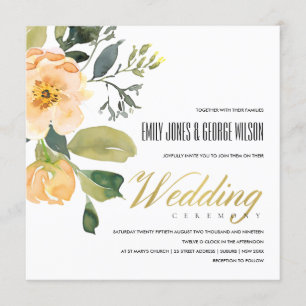 SOFT PEACH PEONY FLORAL BUNCH WATERVERF WEDING KAART