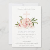 Soft Peach Peony Floral Cross Bunch Baptism Invite Bedankkaart (Voorkant)