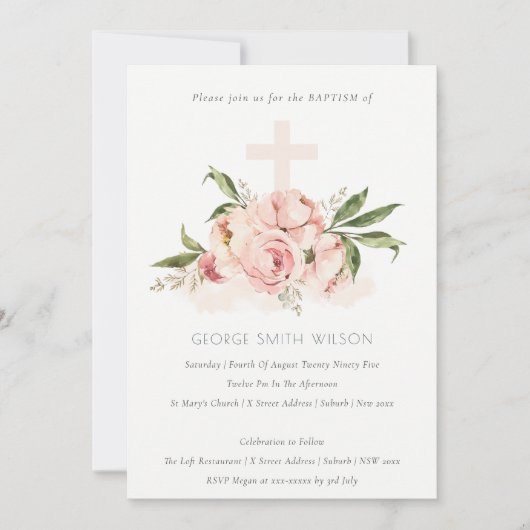 Soft Peach Peony Floral Cross Bunch Baptism Invite Bedankkaart (Voorkant)