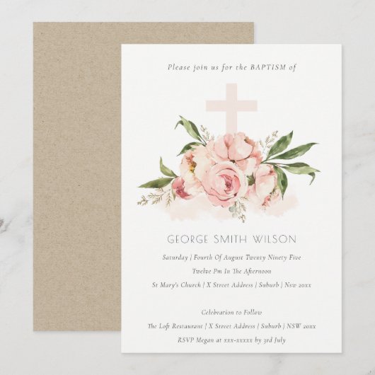 Soft Peach Peony Floral Cross Bunch Baptism Invite Bedankkaart (Voorkant / Achterkant)