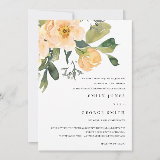 SOFT PEACH PEONY WATERVERF FLORAL WEDDING INVITE BEDANKKAART (Voorkant)