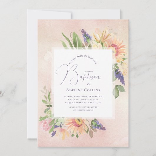 Soft Peach & Pink Framed doopuitnodiging Kaart (Voorkant)