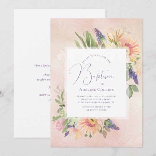 Soft Peach & Pink Framed doopuitnodiging Kaart (Voorkant / Achterkant)