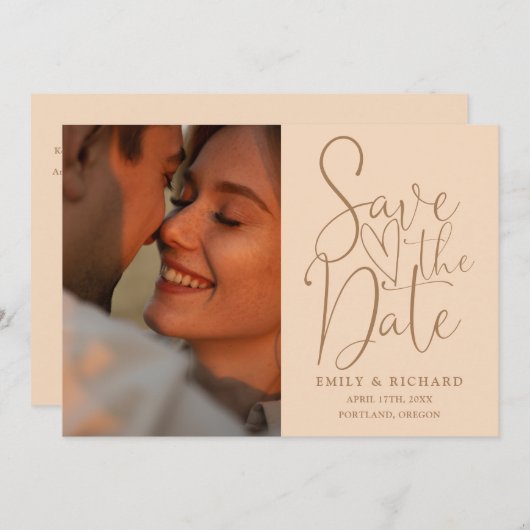Soft Peach Wedding 2 Foto QR Code Elegant Script Save The Date (Voorkant / Achterkant)