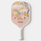 Soft Peach Whimsy Boho Rainbow Floral Gepersonalis Pickleball Paddle (Voorkant)