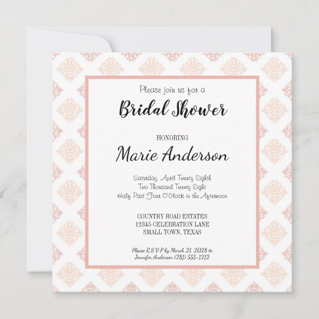 Soft Peachy Blush Damask Bridal Shower Invitation (Voorkant)