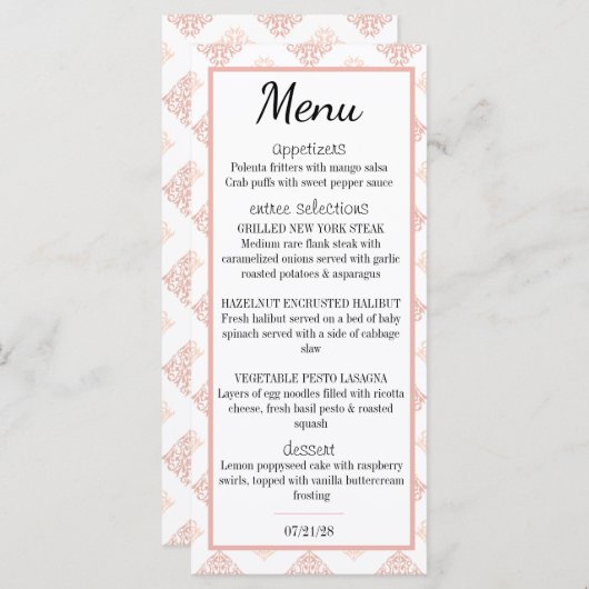 Soft Peachy Blush Damask Menu (Voorkant / Achterkant)