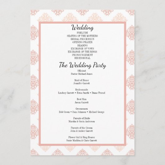 Soft Peachy Blush Damask Programmakaart (Achterkant)