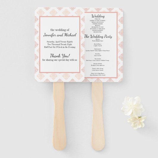 Soft Peachy Blush Damask Wedding Program Handwaaier (Voorkant en achterkant)