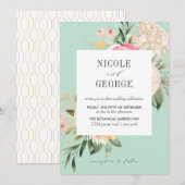 Soft Peony Gold Geometric Aqua Waterverf bruiloft Kaart (Voorkant / Achterkant)