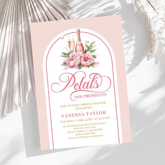 Soft petals and prosecco invite editable design kaart