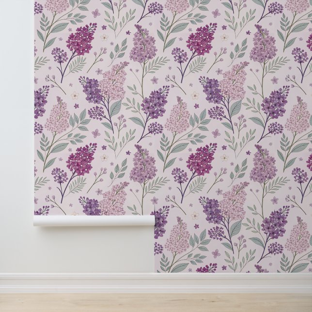 Soft Pink and Purple Lilac Floral Pattern   Behang (Applicatie)