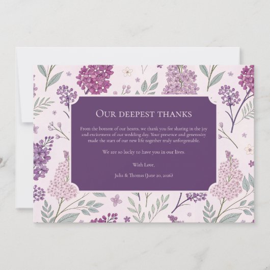 Soft Pink and Purple Lilac Floral Wedding  Bedankkaart (Voorkant)