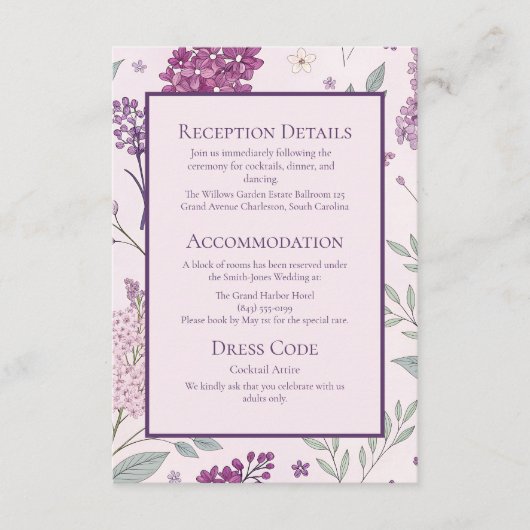 Soft Pink and Purple Lilac Floral Wedding  Informatiekaartje (Voorkant)
