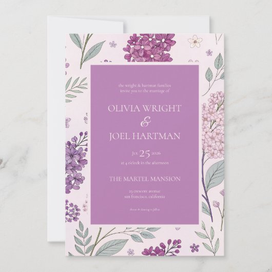 Soft Pink and Purple Lilac Floral Wedding  Kaart (Voorkant)